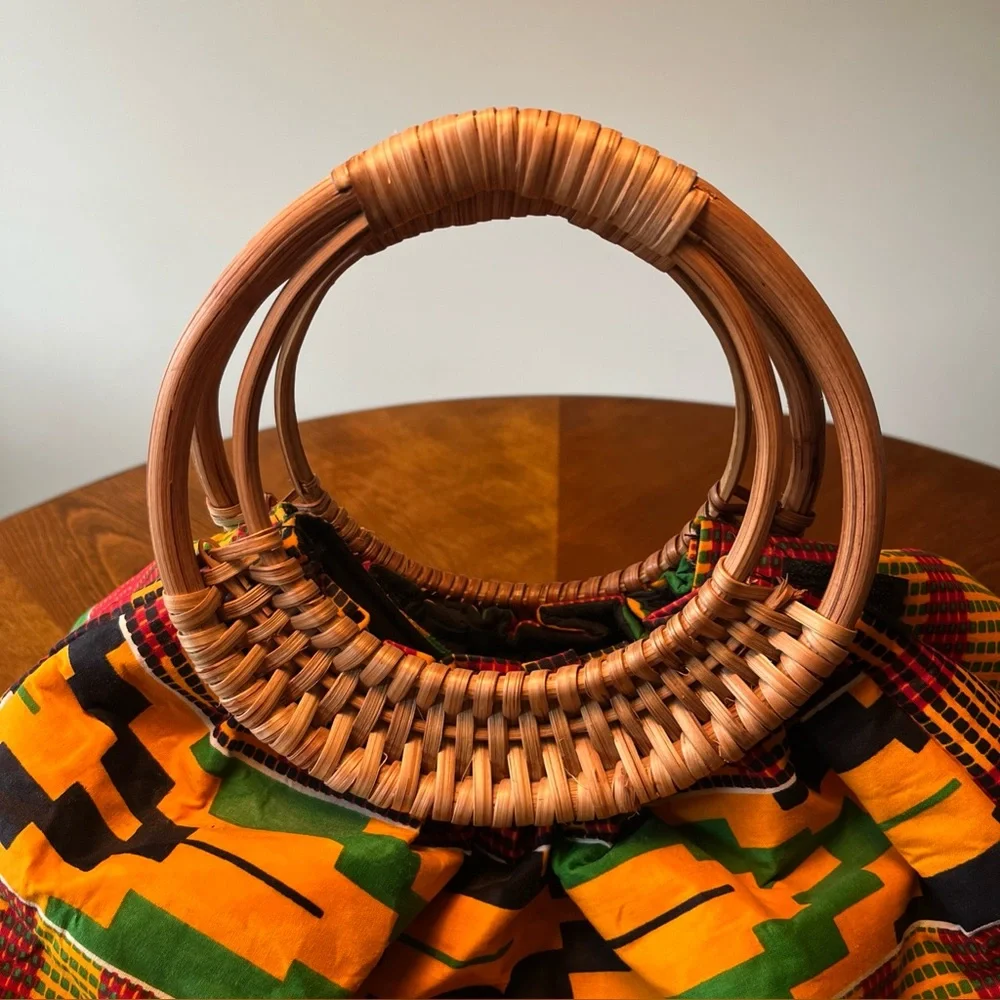 Kente Cloth Purse Handbag Tote Round Woven Handles Attached Coin purse - Picture 10 of 10